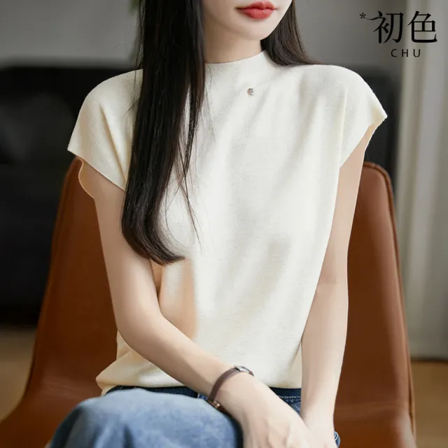 【初色】純色簡約修身顯瘦半高領短袖T恤針織衫上衣女上衣-共6色-12414(M-3XL可選)