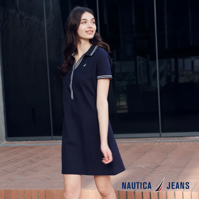 【NAUTICA】官方旗艦 女裝 簡約V領開襟洋裝(藍色)
