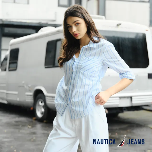 【NAUTICA】官方旗艦 女裝 知性細條紋長袖襯衫(藍白色)