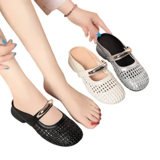 【JP Queen New York】金屬月光一字扣編織網面圓頭洞洞涼拖鞋(3色可選)