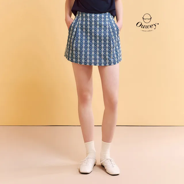 【OUWEY 歐薇】小菱格刺繡純棉蕾絲短褲裙(藍；S-L；3252322462)