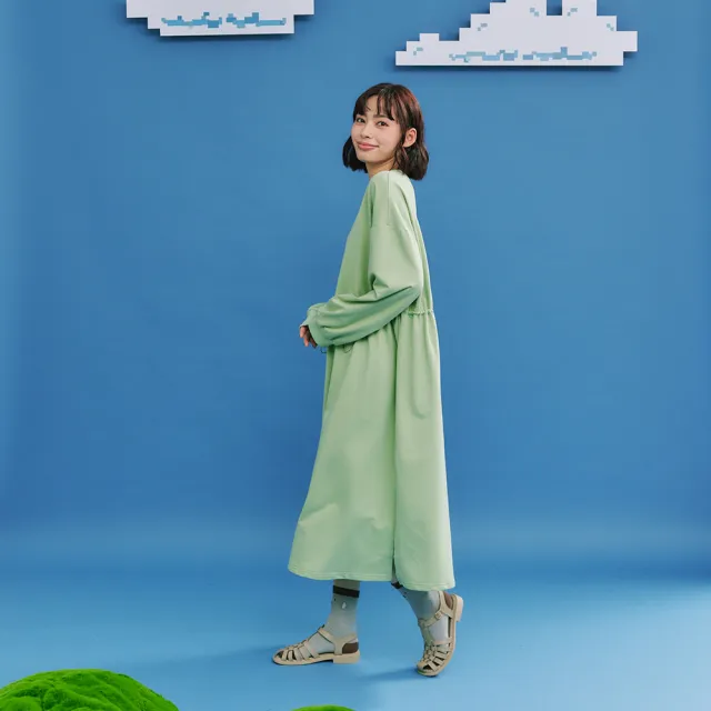 【Dailo】貓咪滑板腰抽繩連身洋裝(藍 粉 綠)