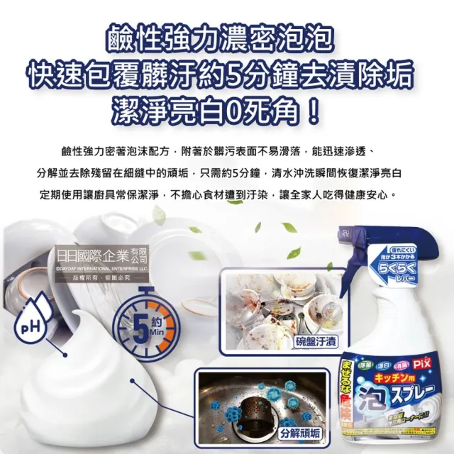 【Pix】餐廚用品杯瓶碗盤環保餐具廚房3效合1去油鹼性泡沫噴霧清潔劑400ml/藍白瓶(除油垢消臭廚爐漂白除臭)