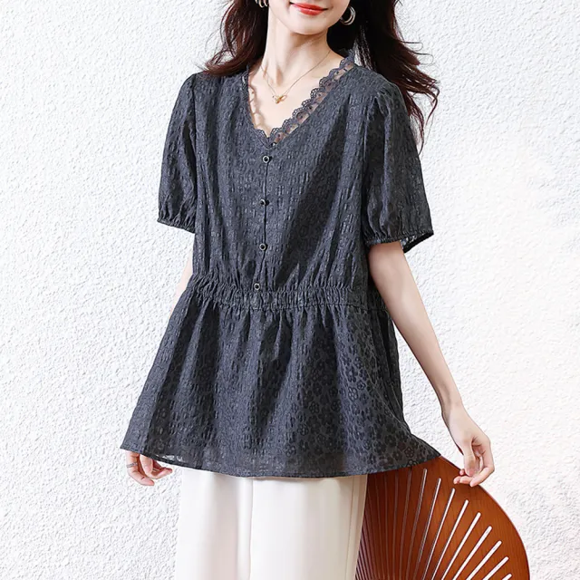 【ALLK 歐楷】新品 蕾絲拼接上衣 深灰色(尺寸L-XXL/中大尺碼/涼爽/透氣)