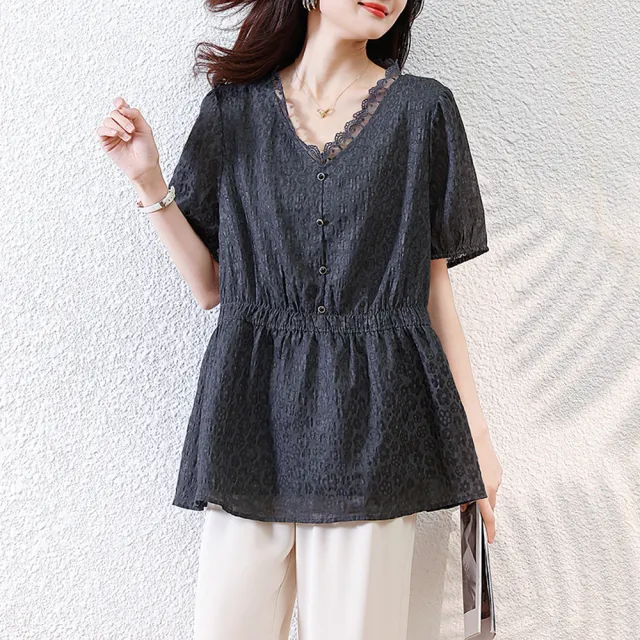 【ALLK 歐楷】新品 蕾絲拼接上衣 深灰色(尺寸L-XXL/中大尺碼/涼爽/透氣)
