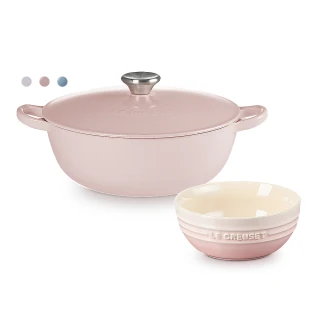 【Le Creuset】琺瑯鑄鐵媽咪鍋 24cm-雪紡粉/海岸藍/薰衣草(贈韓式湯碗-貝殼粉)