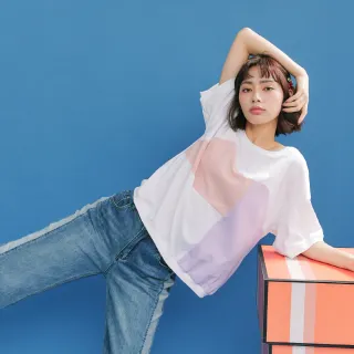 【Dailo】不規則色塊拼接寬鬆舒適棉短袖上衣(藍 白 米/魅力商品)