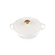 【Le Creuset】典藏琺瑯鑄鐵鍋媽咪鍋22cm(縷空雕花/棉花白-金頭-內鍋白)
