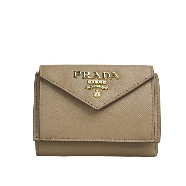 【PRADA 普拉達】浮雕Logo防刮皮革信封造型迷你三折短夾(藕粉色)
