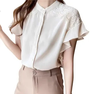 【CHACO】/預購/女夏 飄飄荷葉短袖蕾絲點綴杏色雪紡襯衫上衣#8298(雪紡 上衣 襯衫 長袖 女 夏 OL)