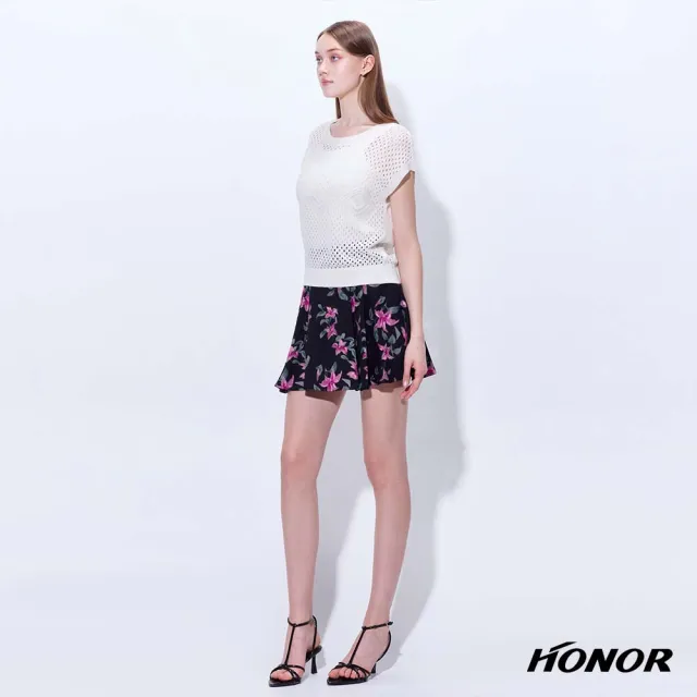【HONOR 山形屋】出清品 優雅花卉印花後拉鍊鬆緊百褶短裙-黑(限定出清)