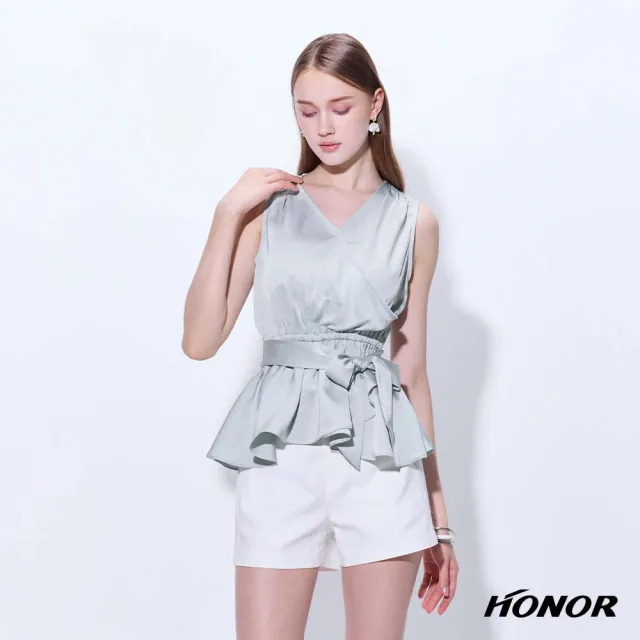 【HONOR 山形屋】出清品 綁帶荷葉下擺交叉收腰無袖上衣-綠(限定出清)