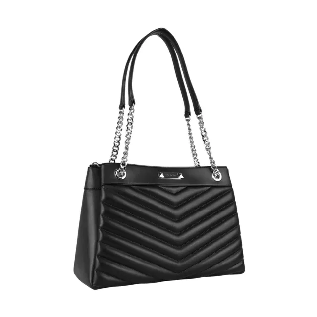 【Michael Kors】Whitney 銀釦縫線皮革鏈帶中型三層托特包(黑色)