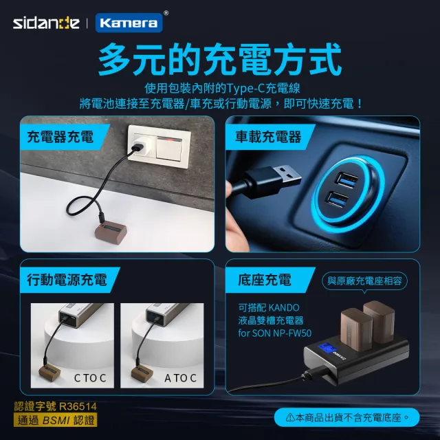 【Sidande 斯丹德】適用Sony NP-FW50 副廠電池 USB充電式鋰電池(雙充電模式/相機專用)