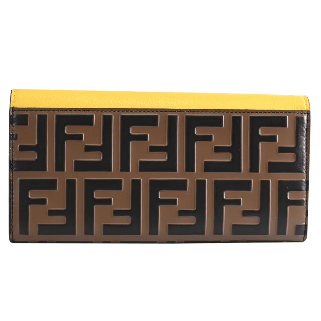 【FENDI 芬迪】WOC 金屬F LOGO雙F印花長夾鍊包斜背包(深咖/黃)