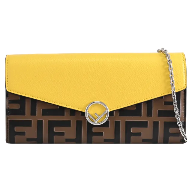 【FENDI 芬迪】WOC 金屬F LOGO雙F印花長夾鍊包斜背包(深咖/黃)