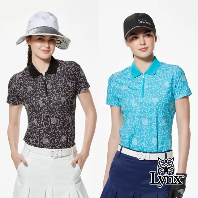 【Lynx Golf】女款吸溼排汗滿版LOGO塗鴉感印花後背配布剪裁短袖立領POLO衫/高爾夫球衫(二色)