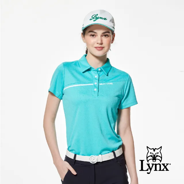【Lynx Golf】女款合身版吸溼排汗Lynx字樣緹花工藝斜裁剪接配布造型短袖POLO衫/高爾夫球衫(二色)