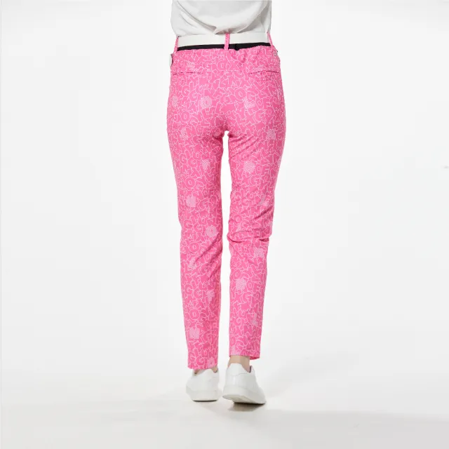 【Lynx Golf】女款四面彈性環保紗材質滿版卡通風格LOGO印花隱形拉鍊口袋窄管九分褲(桃紅色)
