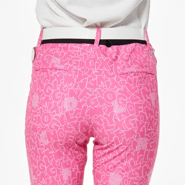【Lynx Golf】女款四面彈性環保紗材質滿版卡通風格LOGO印花隱形拉鍊口袋窄管九分褲(桃紅色)