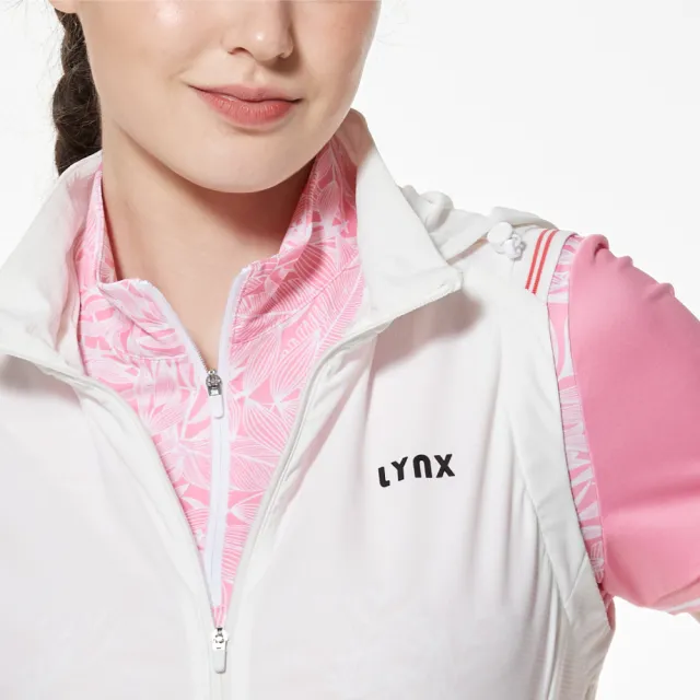 【Lynx Golf】女款抗UV彈性舒適配條羅紋剪接造型拉鍊口袋設計可拆式連帽無袖背心(白色)