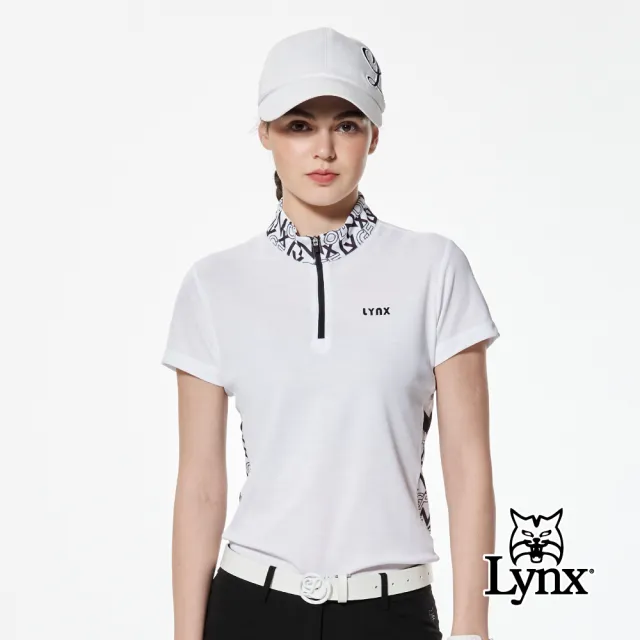 【Lynx Golf】女款吸濕排汗機能雙面組織布料剪接LOGO印花配布造型短袖立領POLO衫/高爾夫球衫(二色)