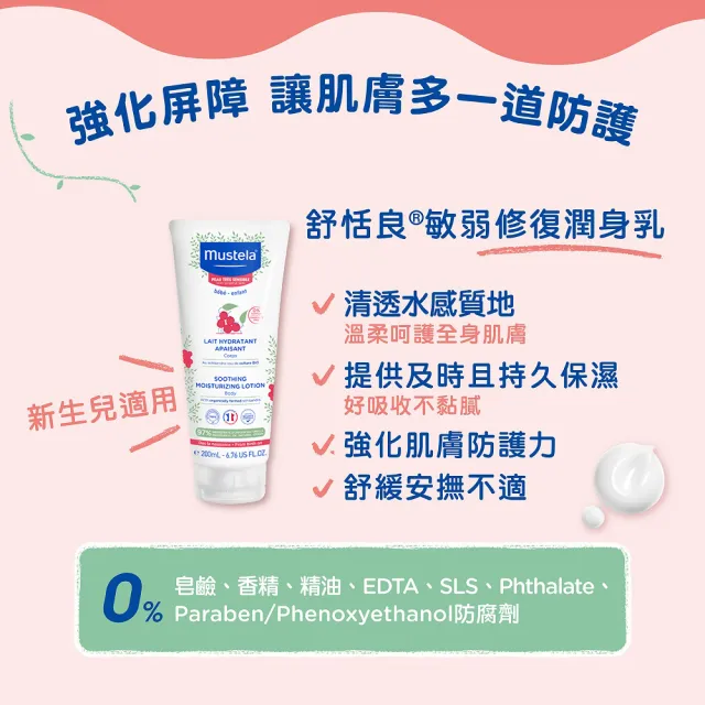 【Mustela 慕之恬廊】舒恬良 敏弱肌修護組(雙潔露300ml＋潤身乳200ml＋面霜40ml＋修護霜40ml 敏感無香乳液)