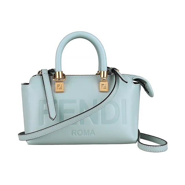 【FENDI 芬迪】FENDI By The Way經典LOGO設計牛皮搭緹花布拉鍊斜背波士頓包(迷你/淺藍灰)