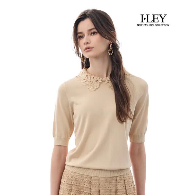 【ILEY 伊蕾】可拆式蕾絲領片縲縈針織上衣(卡其;M-XL;1252515014)