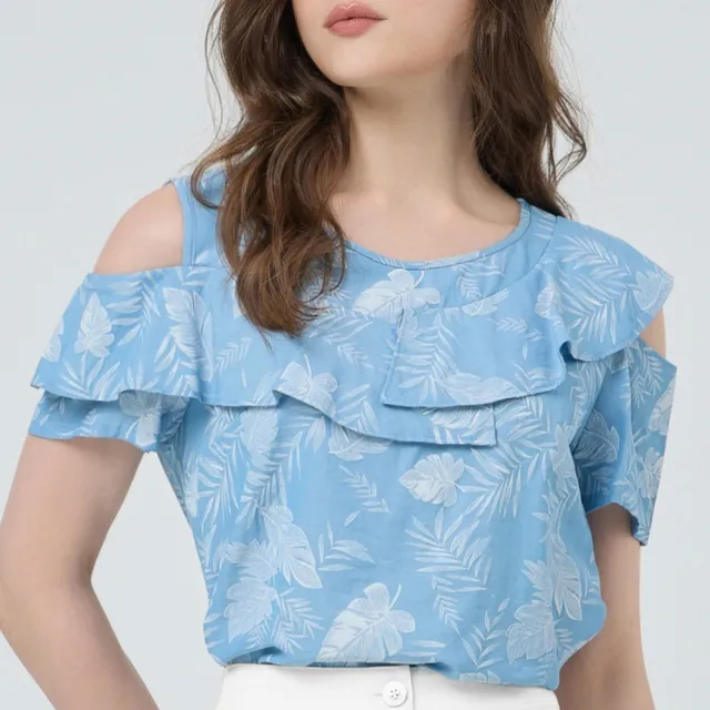 【ILEY 伊蕾】不對稱肩袖棉質印花上衣(藍；M-XL；1252021488)