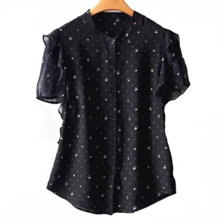 【初色】韓版單排釦碎花短袖單排釦襯衫上衣女上衣-深藍色-12559(M-2XL可選)