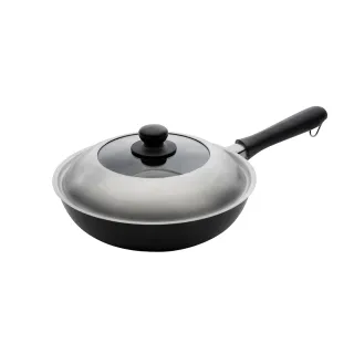 【IUSE】日本製 柳宗理 網紋中華鐵炒鍋30cm/附蓋(網紋浮雕鍋面設計.內側不易黏鍋.外側導熱效率提升)