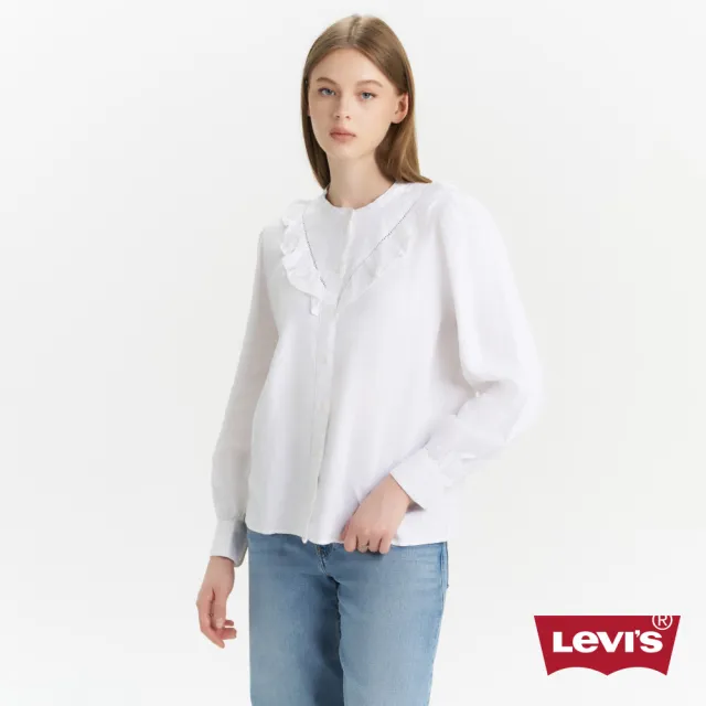 【LEVIS】女款 無領荷葉邊亞麻襯衫 上衣 熱賣單品 A7356-0000
