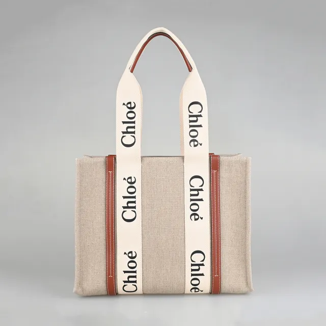 【Chloe’ 蔻依】Chlo☆ Woody印花LOGO線條亞麻帆布搭小牛皮開口式肩背托特包(中/白x棕)