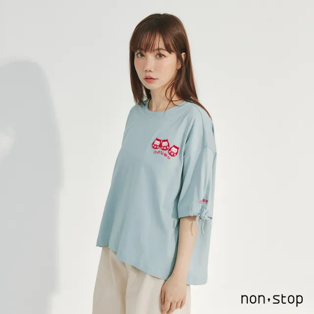 【non-stop】福運達摩刺繡綁結袖T恤-2色