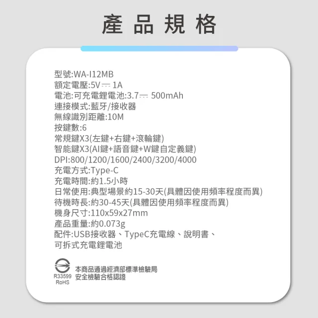 【WONDER 旺德】Wonder智慧助理AI錄音小秘鼠WA-I12MB(錄音滑鼠一秒翻譯 AI簡報生成 通用Windows、MacOS)