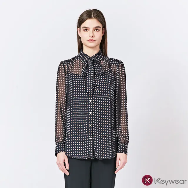 【KeyWear 奇威名品】微透膚蝴蝶結方格雪紡長袖襯衫