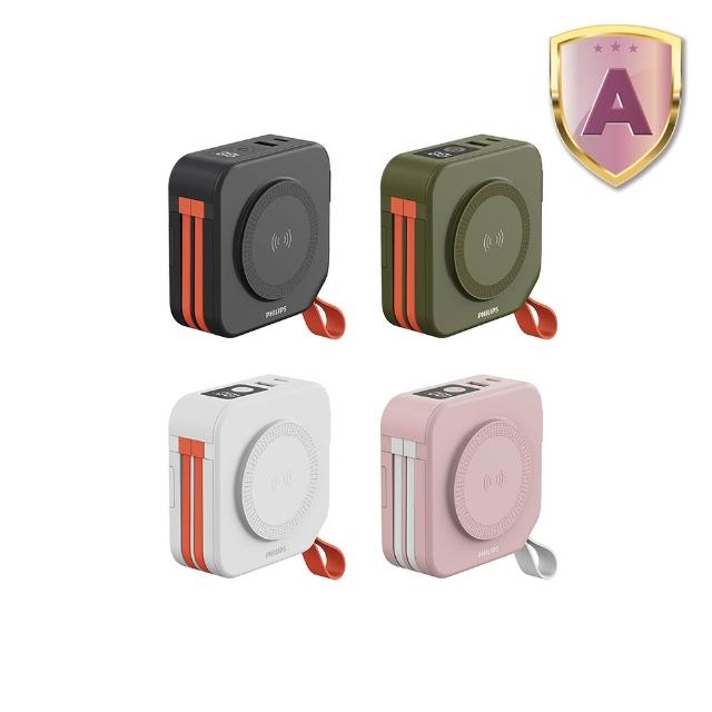 PHILIPS飛利浦 DLP4347 行動電源，電池容量9001~12000mAh，支援PD2.0快充及Type-C多孔輸出，2埠設計方便多裝置充電。顏色選項包括黑色、白色、綠色、粉紅色。保固1年（非人為因素），高效能移動電源，適合日常外出使用。