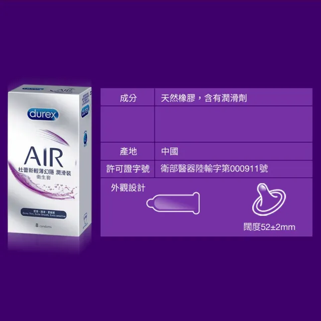 【Durex 杜蕾斯】AIR輕薄幻隱潤滑裝保險套衛生套8片(情趣用品.保險套.衛生套)
