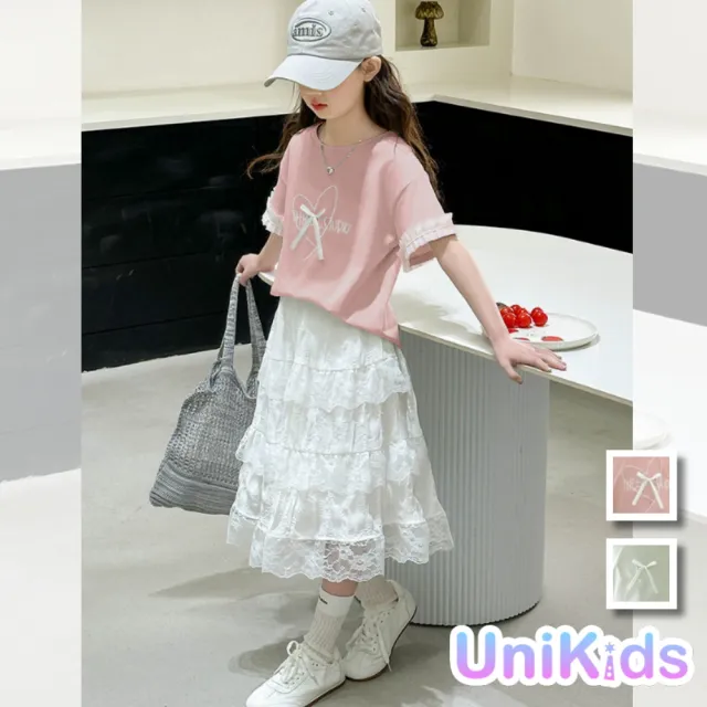 【UniKids】中大童裝短袖T恤 愛心蝴蝶結花邊袖上衣 女大童裝 VPMXBB(粉T 綠T)