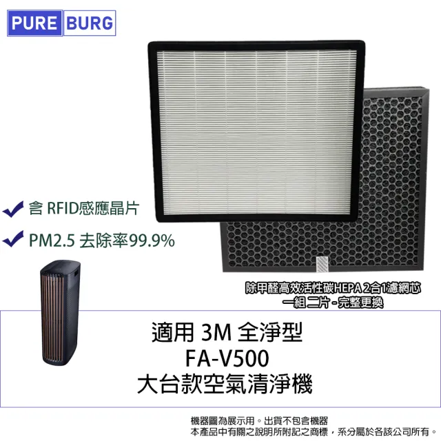 【PUREBURG】適用3M全淨型FA-V500空氣清淨機HEPA活性碳2合1濾網濾芯 含RFID #V500-NWF