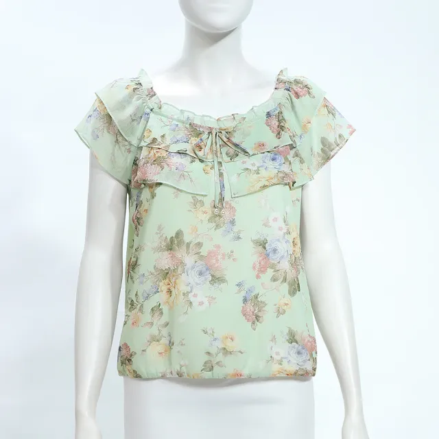【ILEY 伊蕾】花朵印花荷葉小蓋袖上衣(淺綠；M-XL；1252011463)