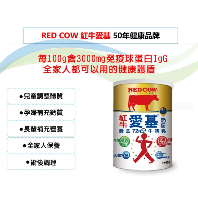 【RED COW 紅牛】官方直營 愛基牛初乳奶粉450gX1罐(紐西蘭乳原/免疫球蛋白/牛乳蛋白/每日營養)