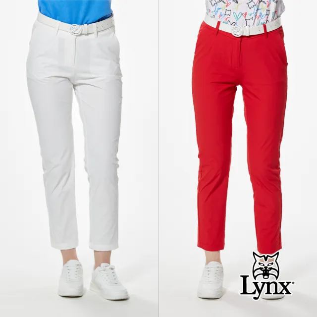 【Lynx Golf】女款彈性舒適極簡風格LOGO壓紋織帶剪接俏皮袋蓋矽膠標造型窄管九分褲(二色)