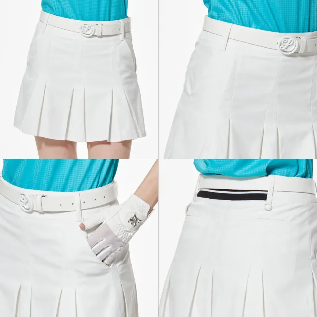 【Lynx Golf】女款防潑水機能羅紋緹織LOGO造型剪接設計甜美風百褶裙運動短裙(二色)