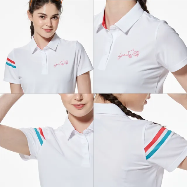 【Lynx Golf】女款吸溼排汗抗UV機能右袖剪接羅紋配布山貓膠印下擺開杈設計短袖POLO衫/高爾夫球衫(二色)