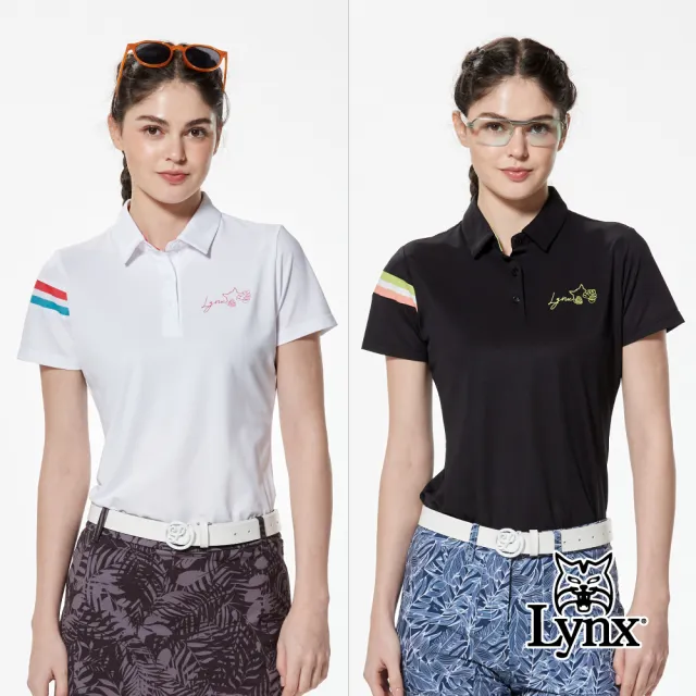【Lynx Golf】女款吸溼排汗抗UV機能右袖剪接羅紋配布山貓膠印下擺開杈設計短袖POLO衫/高爾夫球衫(二色)