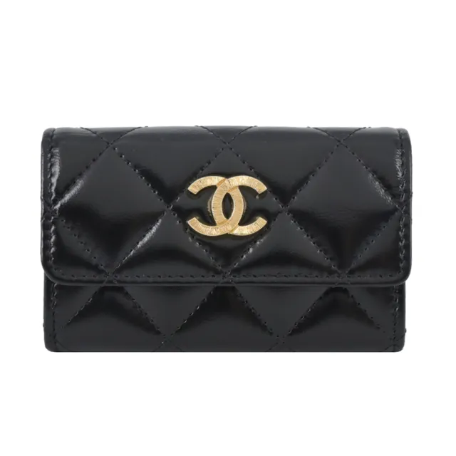 【CHANEL 香奈兒】刻紋雙C LOGO菱格紋小羊皮卡片/零錢夾(黑色)