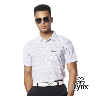 【Lynx Golf】男款吸汗速乾三角線條幾何印花山貓繡花胸袋款短袖POLO衫/高爾夫球衫(白/黑色)