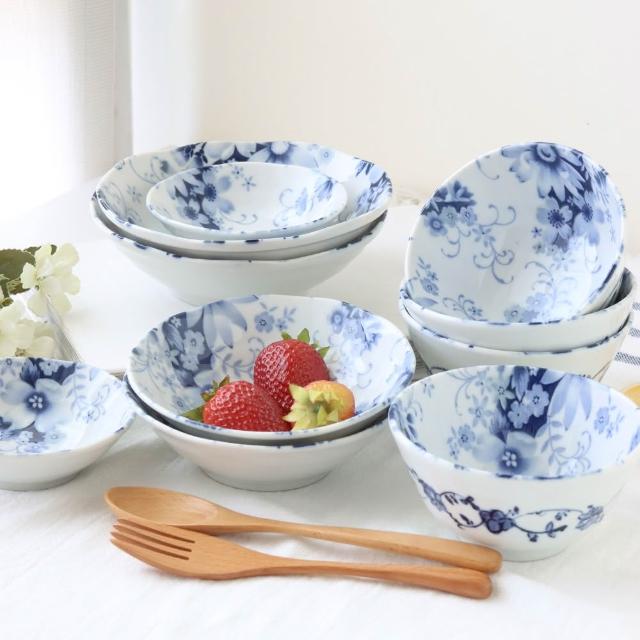 【Just Home】Home日本製羽葉菊陶瓷8件/10件碗盤餐具組(可微波 碗 飯碗 碗盤 盤 湯盤 深盤 餐具組)